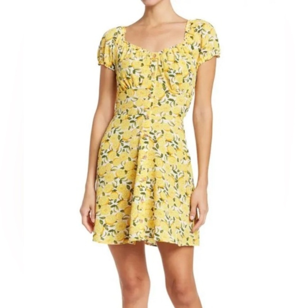 NWT BAILEY BLUE Lemon Print Mini Dress Square Neck Puff Sleeve Smocked Fruit New
